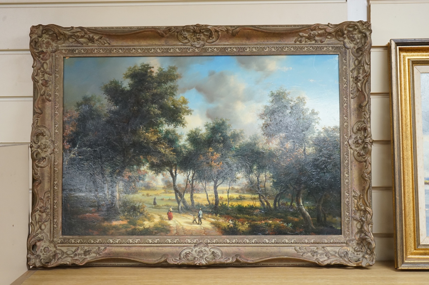 G. Schrober, Pastoral scene with figures, signed, oil on board, ornate framed, 37 x 59cm